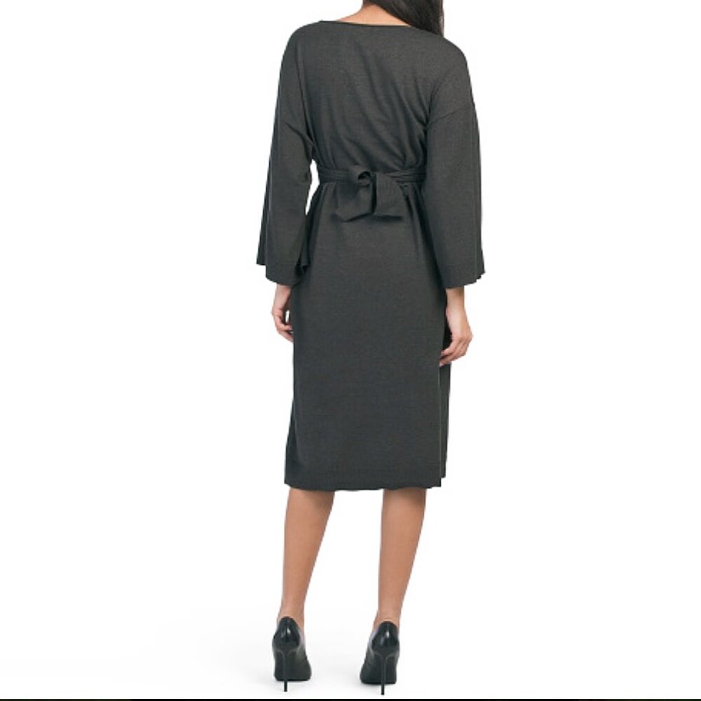 MAX STUDIO | THREE-QUARTER SLEEVE TIE FRONT/BACK SWEATER DRESS | GRAY SIZE S, M